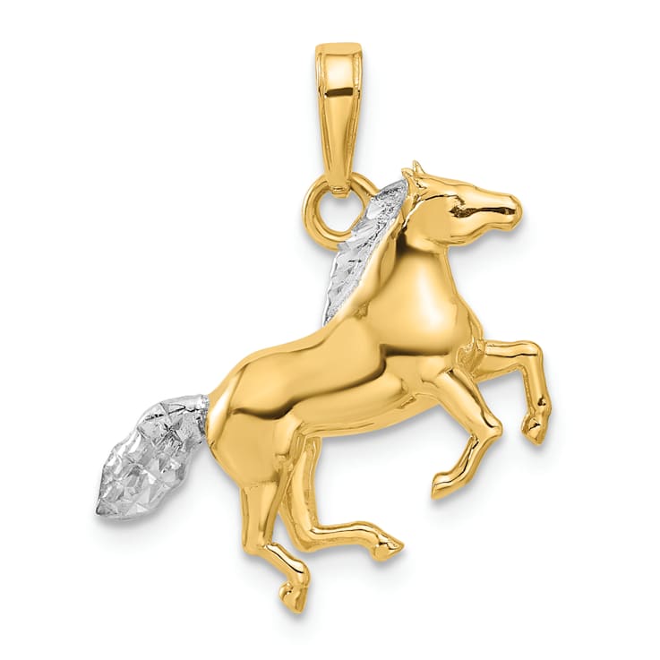 14K Yellow Gold with White Rhodium Diamond-cut 3D Horse Pendant