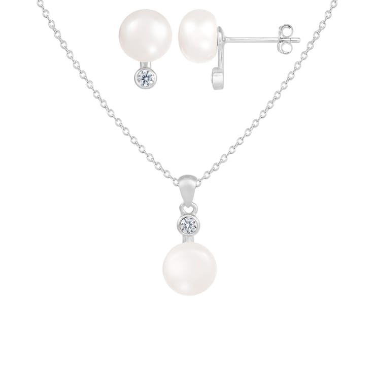 8-8½mm Button White Freshwater Pearl and CZ Rhodium Over Sterling
Earring and Pendant W/Chain Set