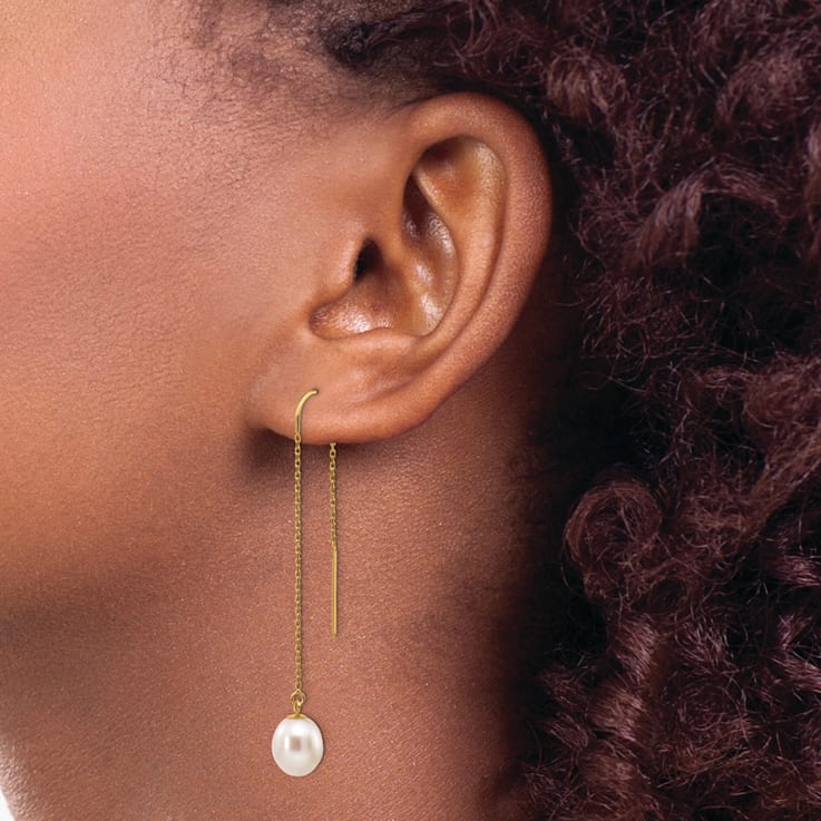 14K Yellow Gold 7-8mm White Rice Freshwater Cultured Pearl Dangle
Threader Earrings