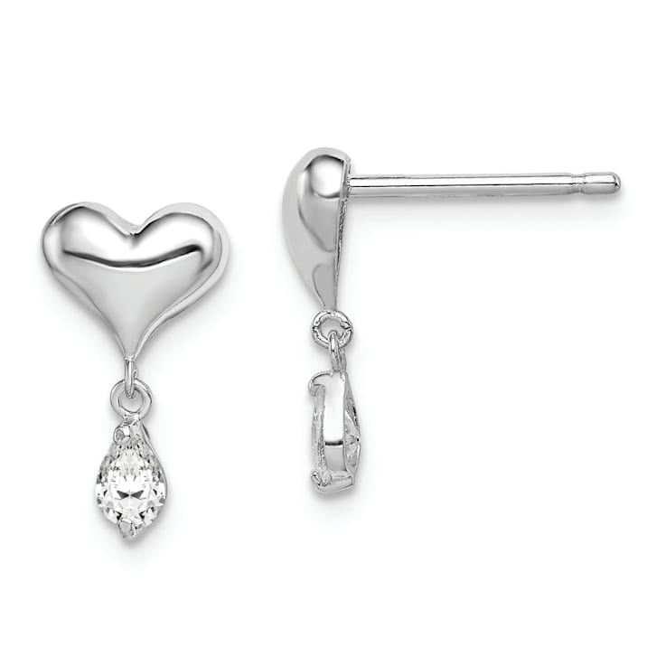 Sterling Silver Rhodium-plated CZ Heart Post Dangle Earrings