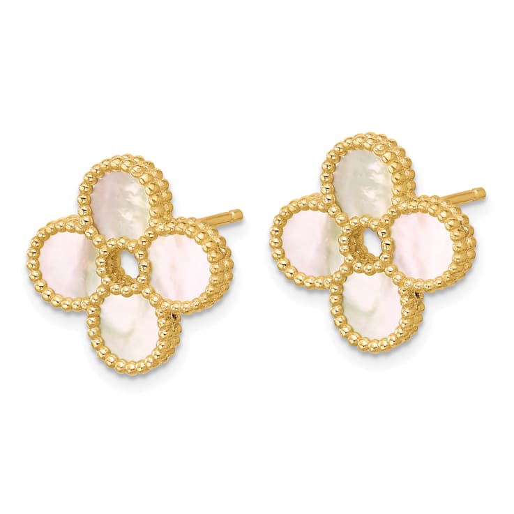 14K Yellow Gold Mother of Pearl Flower Post Earrings