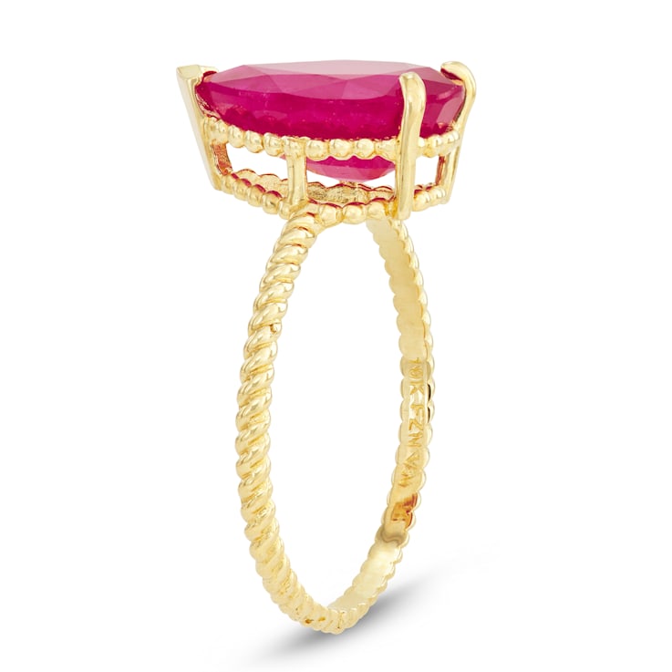 Pear Mahaleo® Ruby Solitaire 10K Yellow Gold Twist Band Ring 3.20ctw