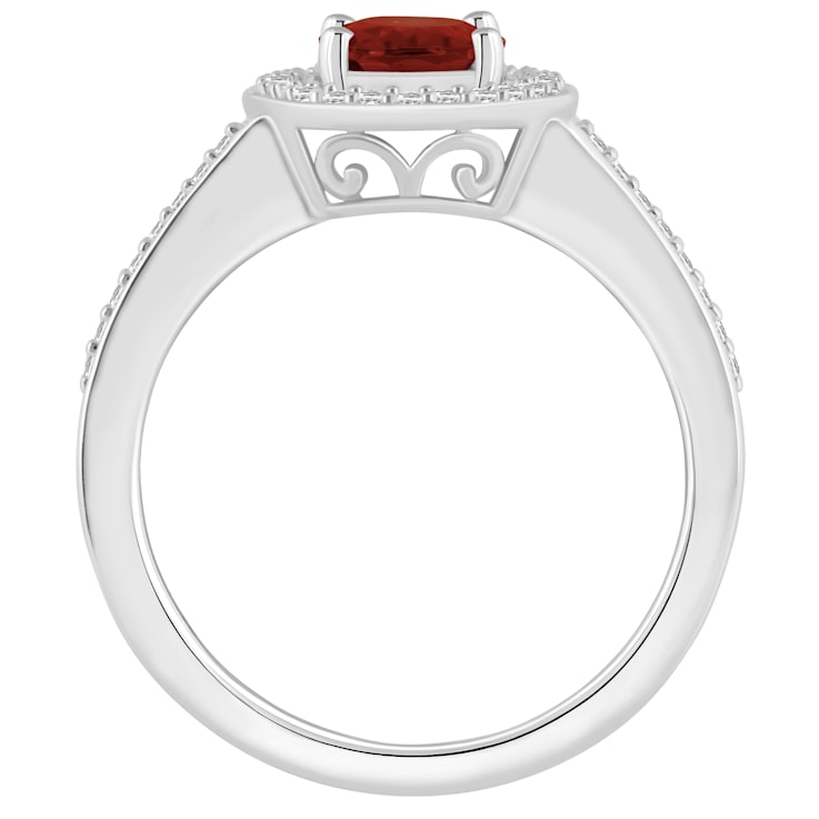 8x6mm Oval Garnet 1/5 ctw Diamond Rhodium Over Sterling Silver Halo Ring