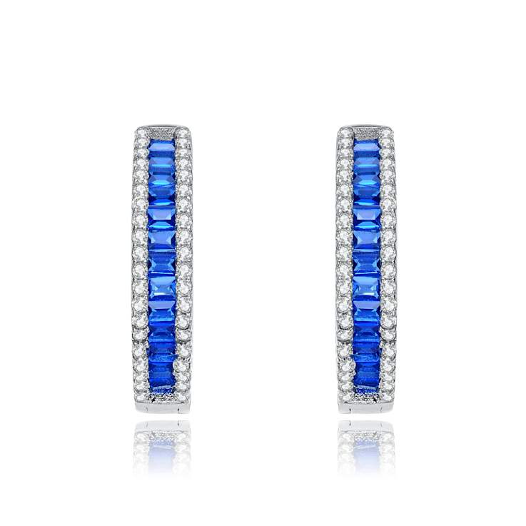 Sapphire Color CZ Hoop Earrings In Sterling Silver