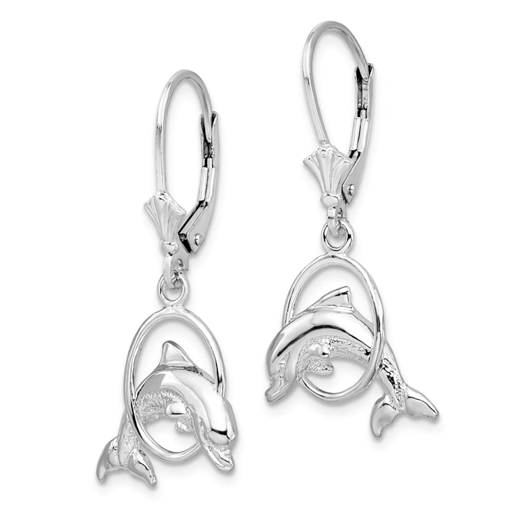 Rhodium Over Sterling Silver Dolphin in Hoop Leverback Earrings