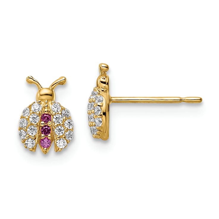 14K Yellow Gold Clear and Red Cubic Zirconia Lady Bug Post Earrings