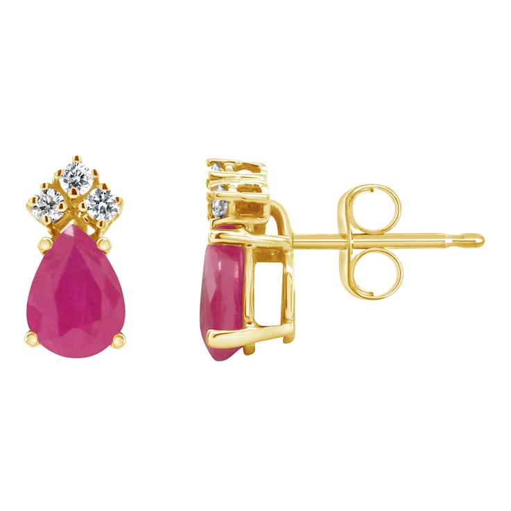 6x4mm Pear Shape Ruby with Diamond Accents 14k Yellow Gold Stud Earrings