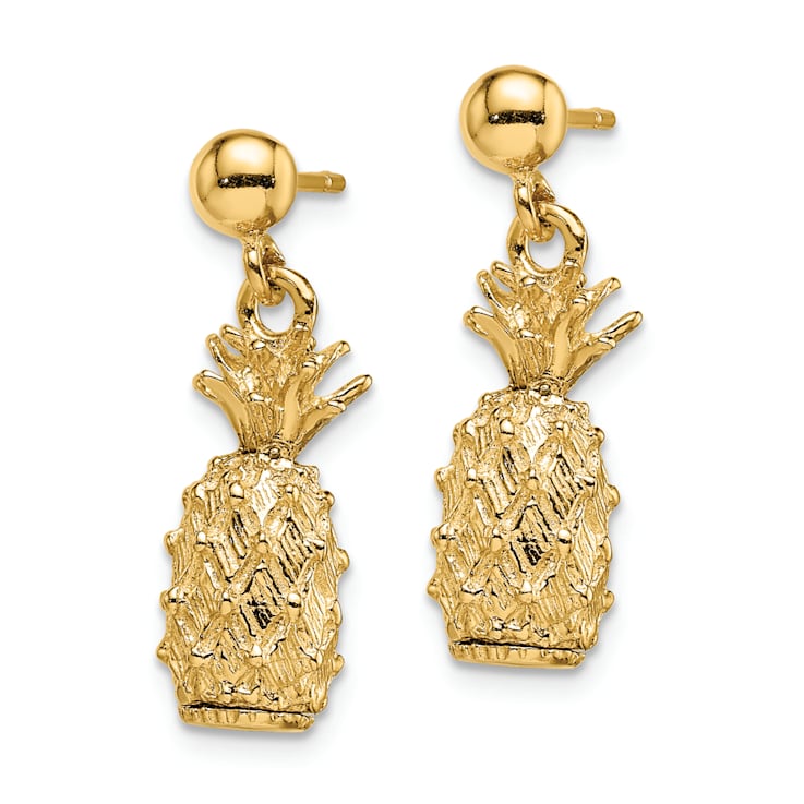 14k Yellow Gold Textured 3D Pineapple Dangle Earrings