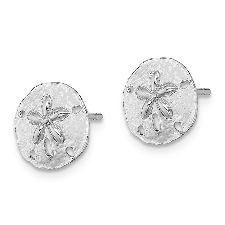 Rhodium Over 14k White Gold Polished and Textured Mini Sand Dollar Stud Earrings