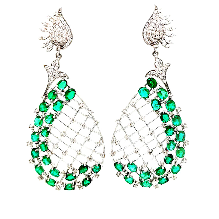 9.30 Ctw Emerald and 2.45 Ctw White Diamond Earring in 14K WG