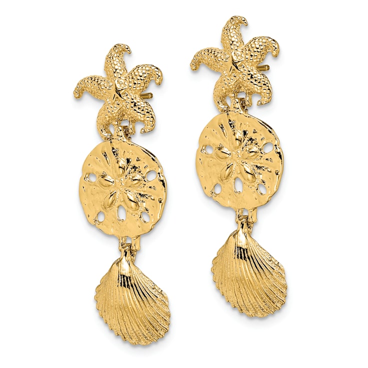 14k Yellow Gold Diamond-Cut and Textured Dangle Earrings With Starfish,
Shell and Sand Dollar