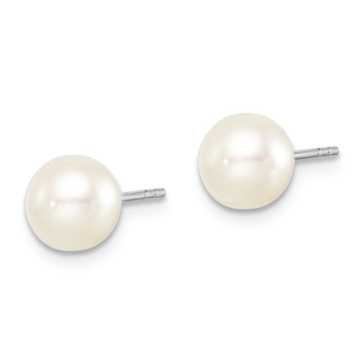 Rhodium Over Sterling Silver 6-7mm White Round FWC Pearl Stud Earrings