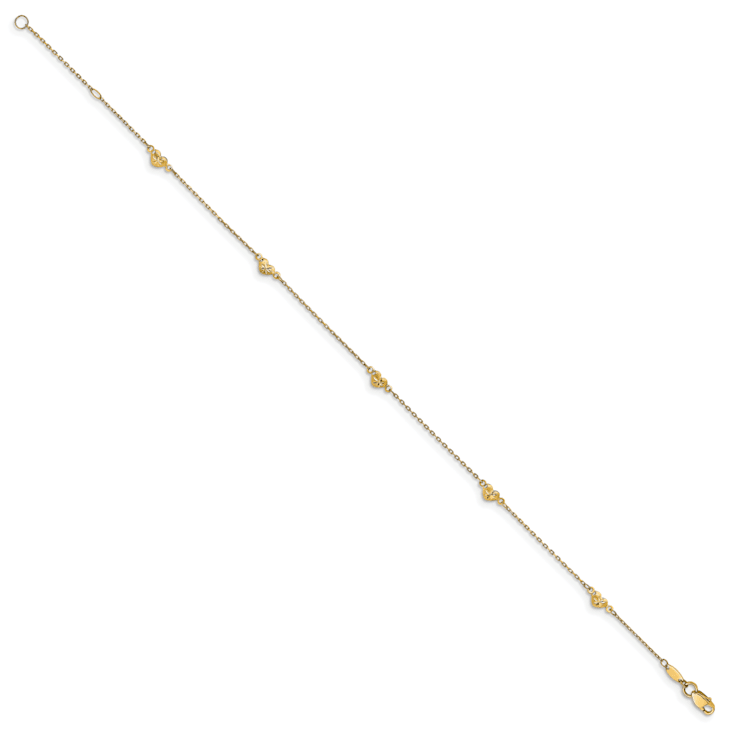 14K Yellow Gold Polished and Diamond-cut Heart with 1-inch Extension Anklet