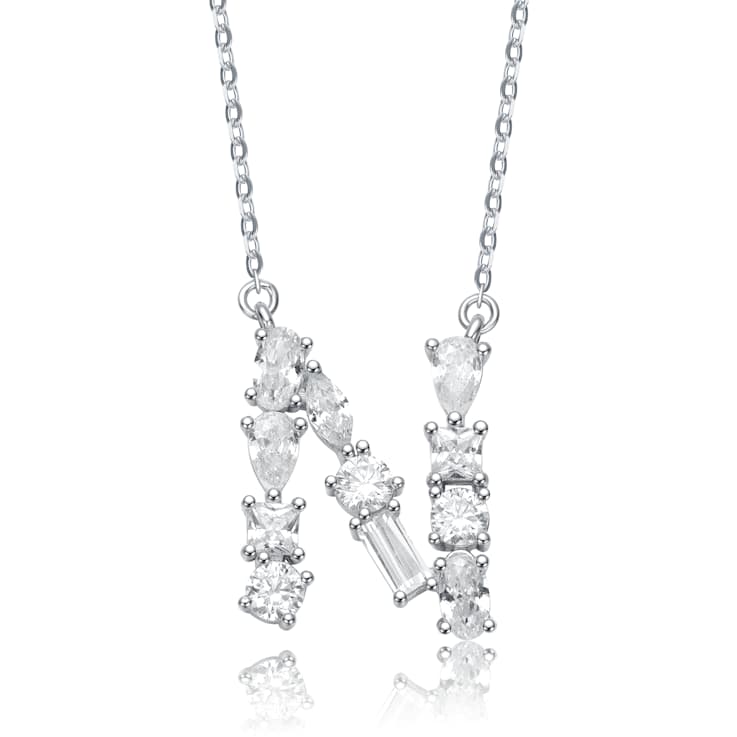 Initial N Mixed Cut CZ Pendant Necklace In Sterling Silver 18 Inch