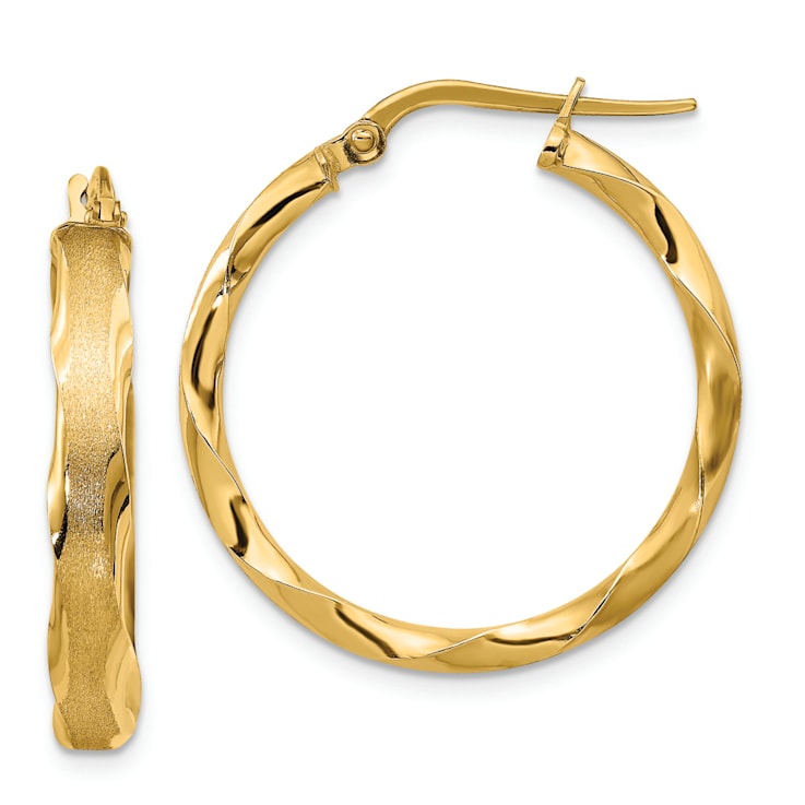 14k Yellow Gold Satin and Polished 1 1/16" Scalloped Edge Hoop Earrings