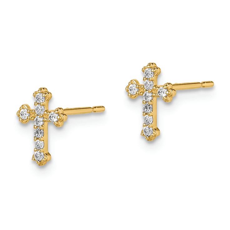 14k Yellow Gold Children's Cubic Zirconia Cross Stud Earrings
