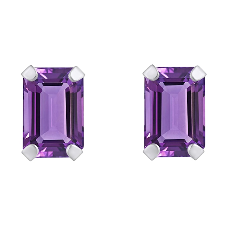 6x4mm Emerald Cut Amethyst Rhodium Over 10k White Gold Stud Earrings