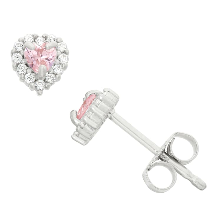 Pink And White Cubic Zirconia Rhodium Over Sterling Silver Children's
Heart Earrings 0.51ctw