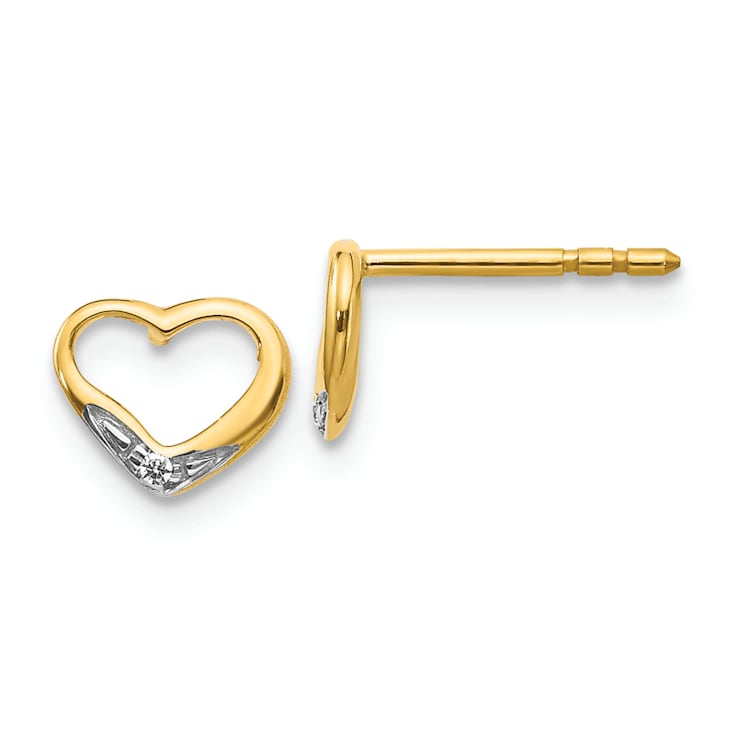 14k Yellow Gold and Rhodium Over 14k Yellow Gold Diamond Heart Stud Earrings