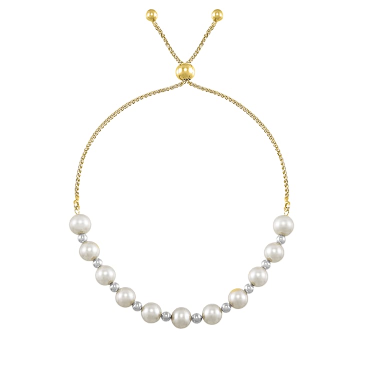 White Freshwater Pearl and Metal Bead 14K Yellow Gold Over Sterling
Silver Bolo Bracelet