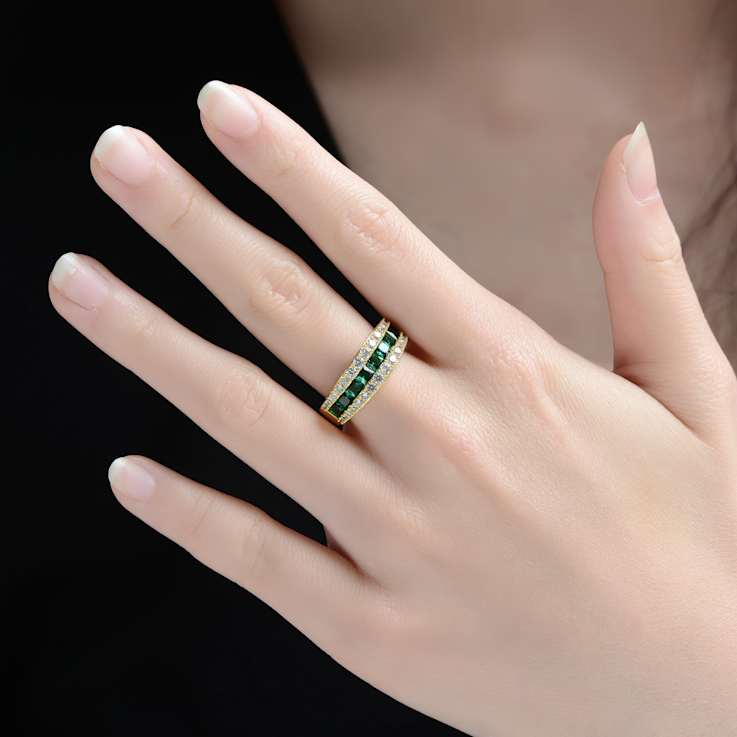 Emerald Color CZ Channel-Set Band Ring In 14K Gold Over Sterling Silver