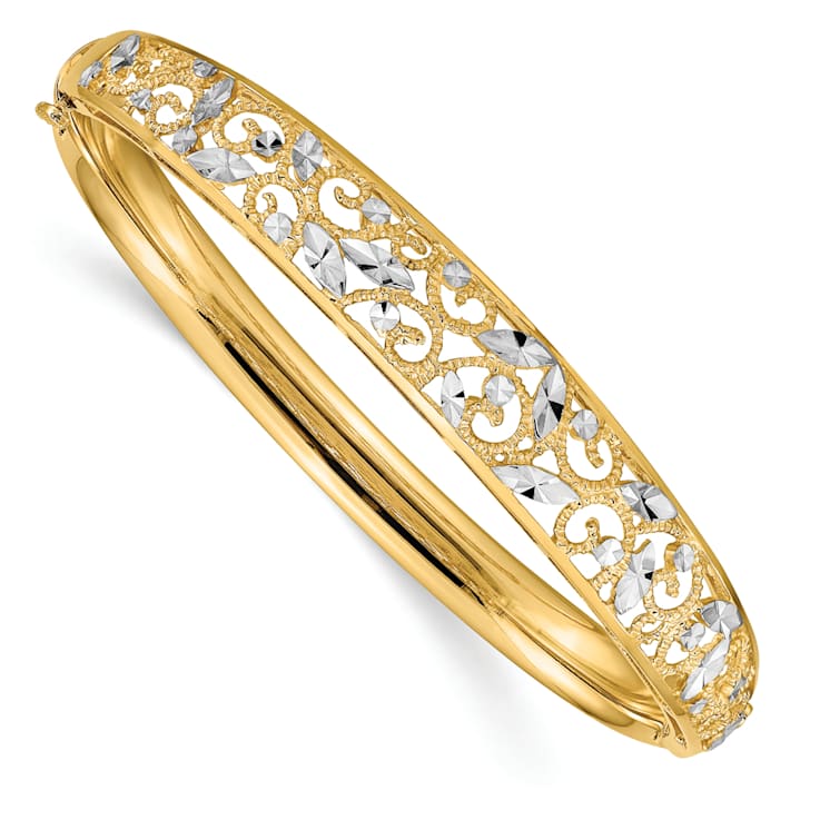 14k Yellow Gold and Rhodium Over 14k White Gold Diamond-Cut 9mm
Graduated Hinged Bangle Bracelet