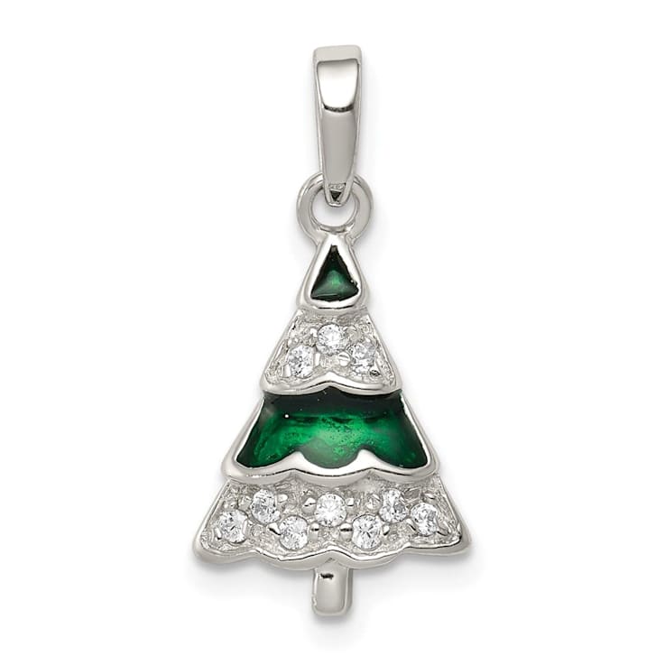 Rhodium Over Sterling Silver CZ and Enameled Christmas Tree Pendant