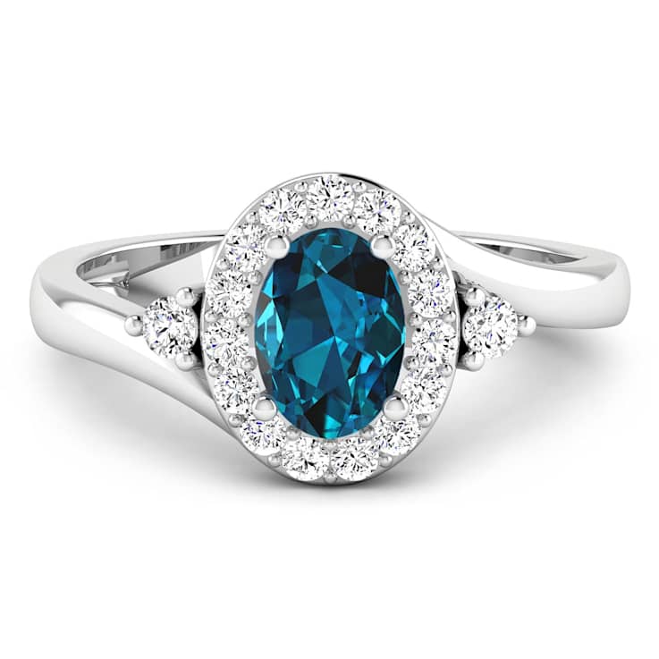 Oval London Blue Topaz and Diamond 14K White Gold Halo Ring 0.97 ctw