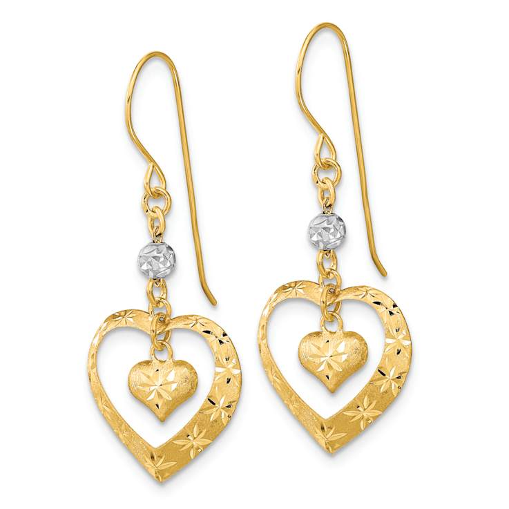 14k Two-tone Satin, Textured and Diamond-Cut Heart Dangle Earrings