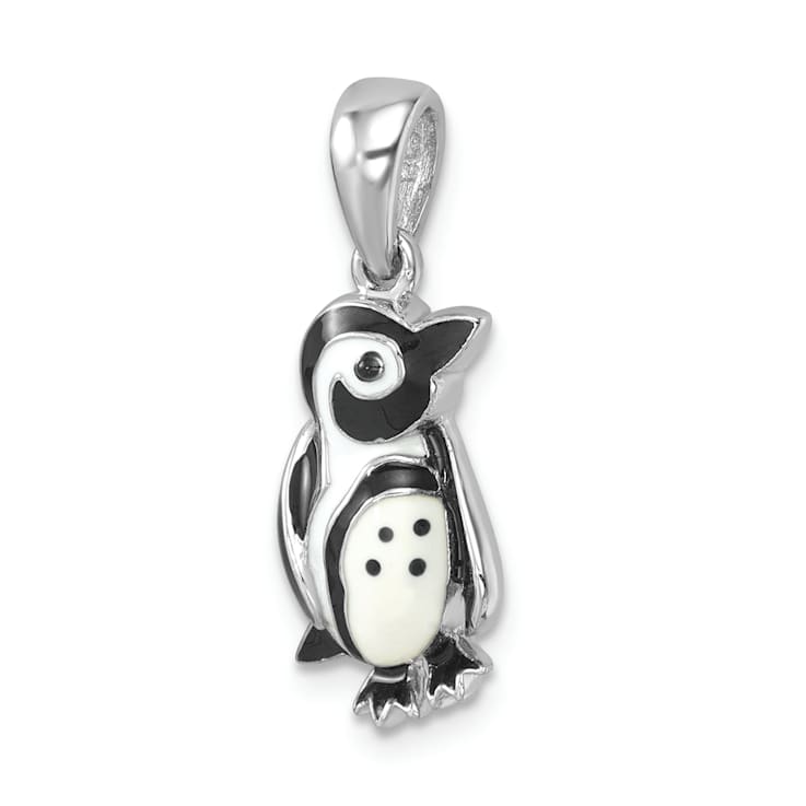 Rhodium Over Sterling Silver Polished Enamel Penguin Pendant