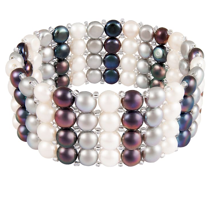 6-7mm Black, Silver, and White Cultured Freshwater Pearl Silver  Bracelet
