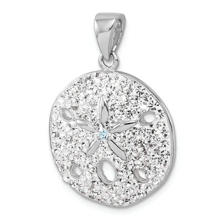 Rhodium Over Sterling Silver Polished Crystal Sand Dollar Pendant