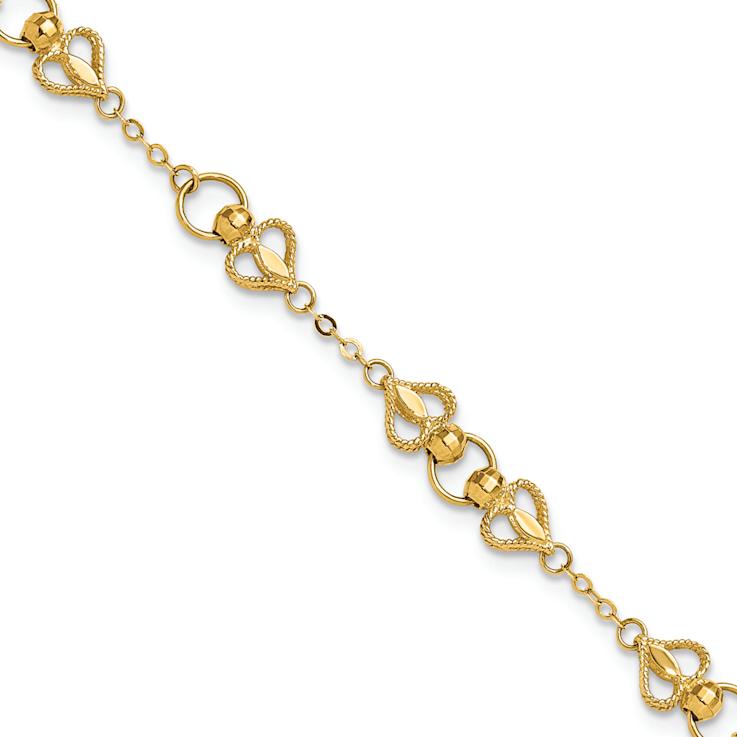 10k Yellow Gold Diamond-Cut Textured Hearts and Beads Link Bracelet