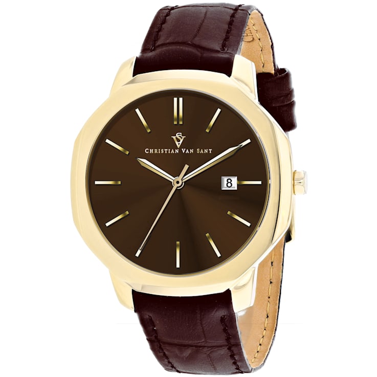 Christian Van Sant Men's Octavius Slim Brown Dial, Yellow Bezel, Brown
Leather Strap Watch