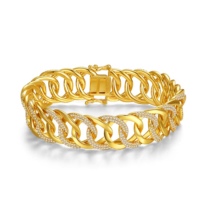 CZ Interlocking Slinky Link Chain Bracelet In 14K Gold Over Brass