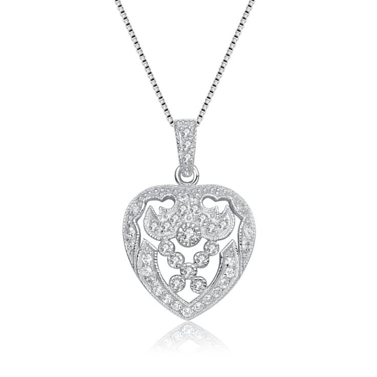 CZ Intricate Heart Pendant Necklace In Sterling Silver