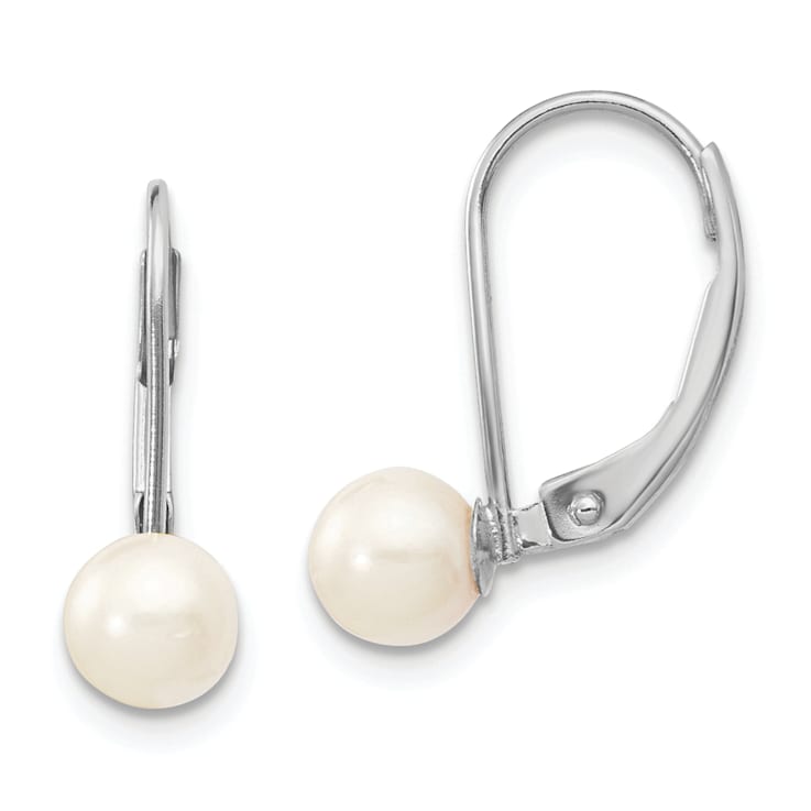 Rhodium Over 14K White Gold 5-6mm Round White Saltwater Akoya Pearl
Leverback Earrings