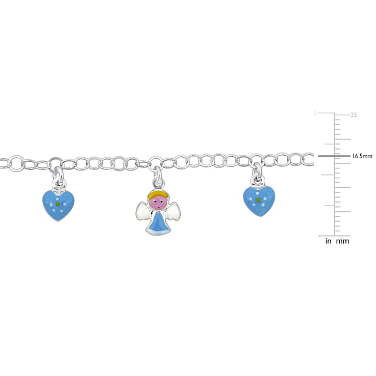 Children's Blue Enamel Heart and Angel Charm Bracelet in Sterling Silver