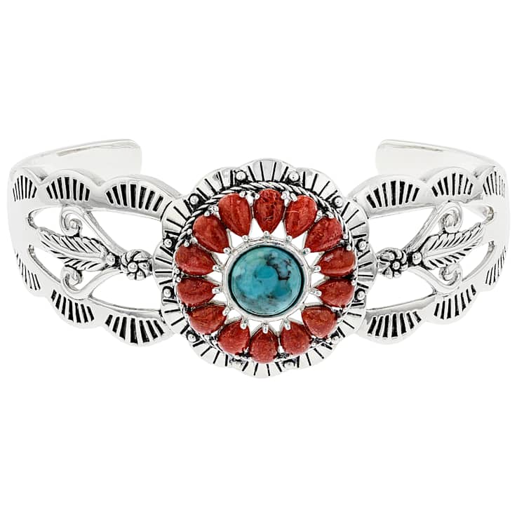 Turquoise And Coral Southwest Design Sterling Silver Cuff Bracelet