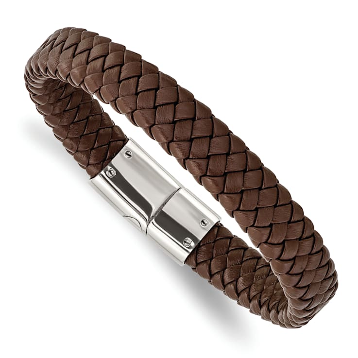 Braided Brown Leather and Stainless Steel Polished 8.5-inch Bracelet