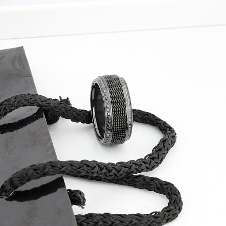 KNIGHT Steel Chain Black Titanium Wedding Ring Polished Beveled Edges
Set with Black Diamonds 10mm