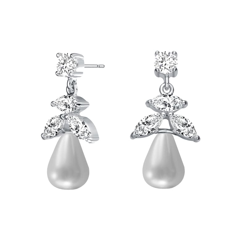 Freshwater Pearl And CZ Teardrop Drop Earrings In Sterling Silver