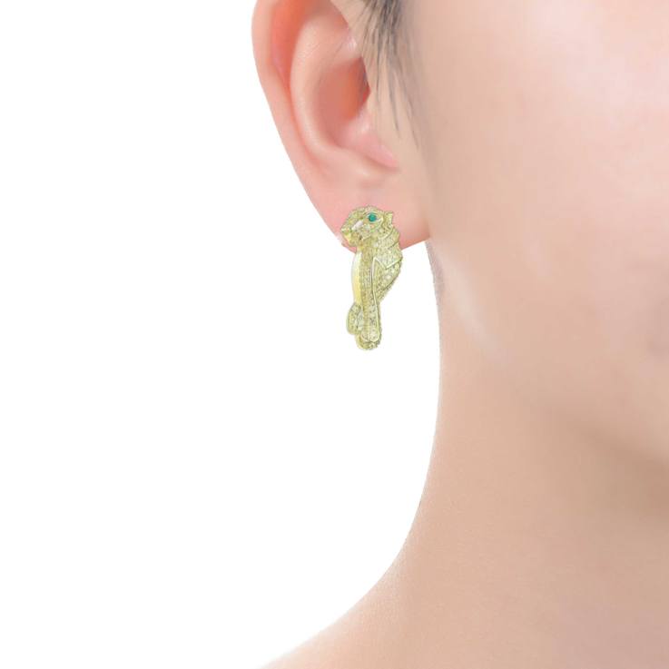 Emerald Color CZ Panther Drop Earrings In 14K Gold Over Brass