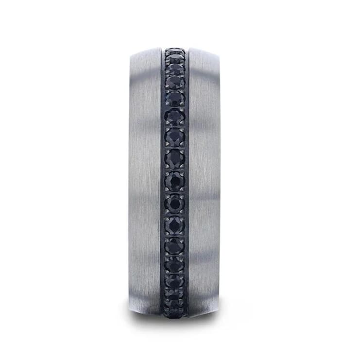 AVIATOR Domed Brushed Titanium Men's Wedding Band with Black Sapphire
Stones Inlay 8mm