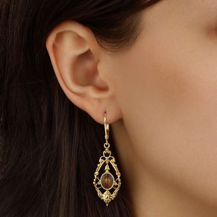 Brown Teardrop Dangle Earrings In Gold Tone