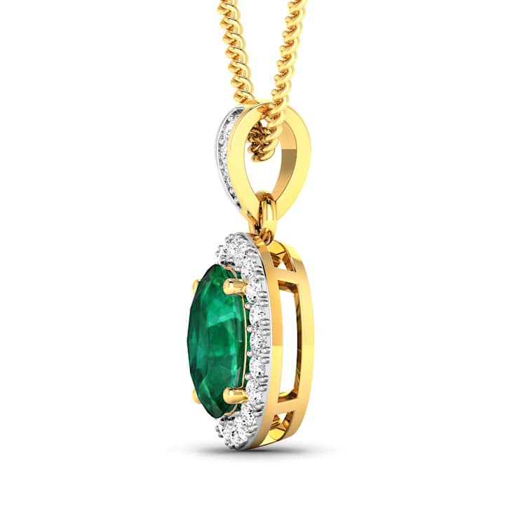 1.0ctw 14K Yellow Gold Zambian Emerald and White Diamond Pendant with 18
inch Cable Chain