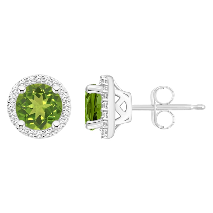 6mm Round Peridot 1/5 ctw Diamond Rhodium Over Sterling Silver Halo Stud Earrings