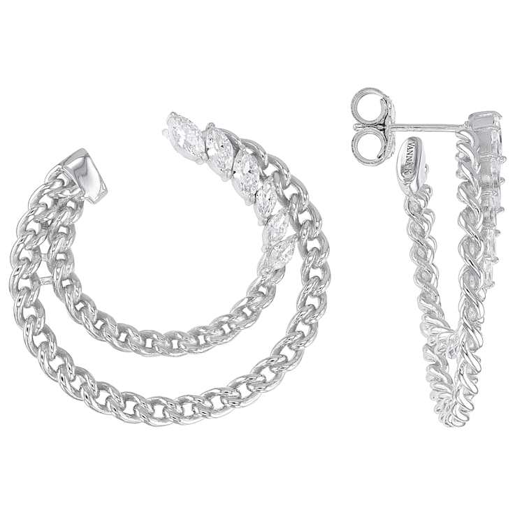 CZ Marquise and Link Double Hoop Earrings In Platinum-Enhanced Sterling
Silver 1.94ctw