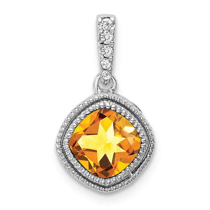 Rhodium Over 10k White Gold Beaded 0.73 cttw Cushion Citrine and 0.21
cttw diamond Pendant
