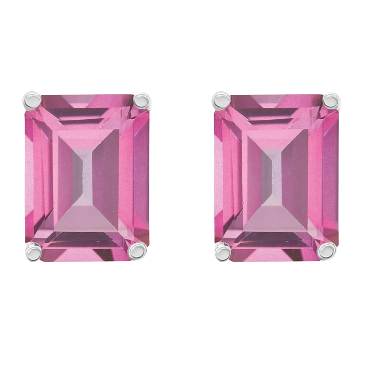 8x6mm Emerald Cut Pink Topaz 14k White Gold Stud Earrings